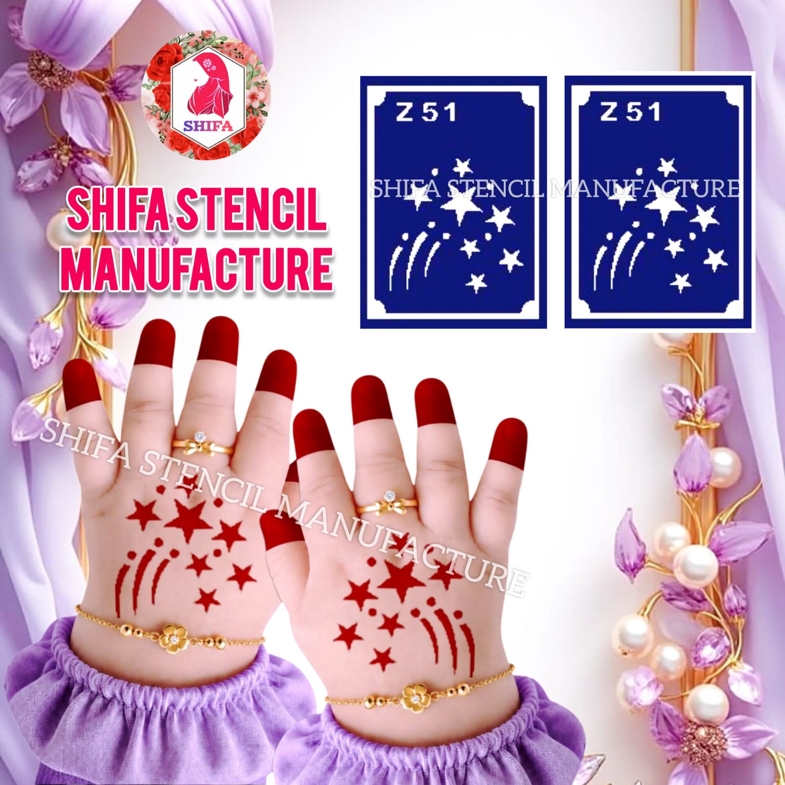 Z 51 Starlight Burst Sticker overview Henna Stencil - Shifa Stencil